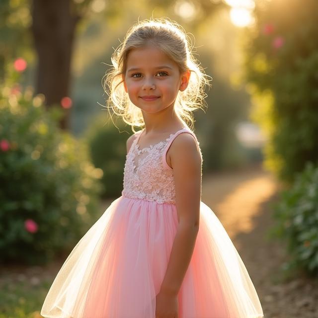 Bambina in abito da cerimonia elegante in giardino