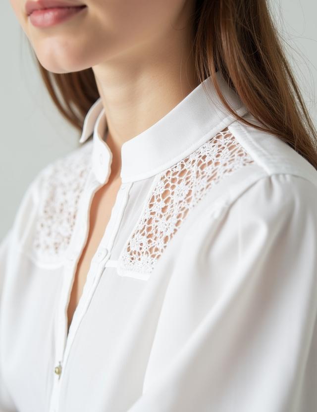 Camicia bianca in cotone con inserti in pizzo fiorentino