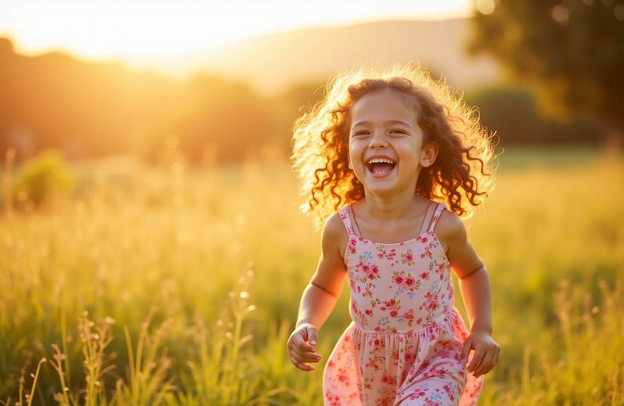 Bambina che sorride in un campo fiorito in Toscana