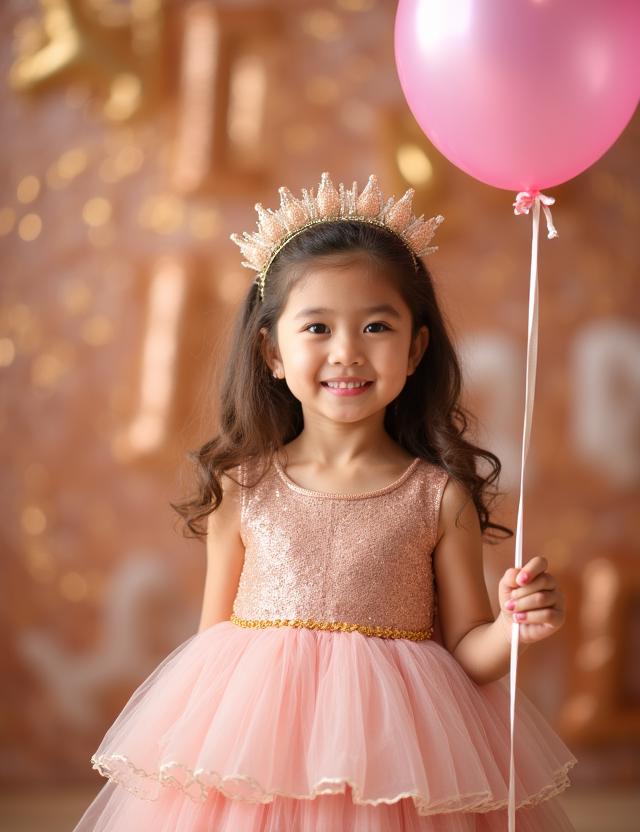 Bambina sorridente con un vestito festoso e accessori glitterati